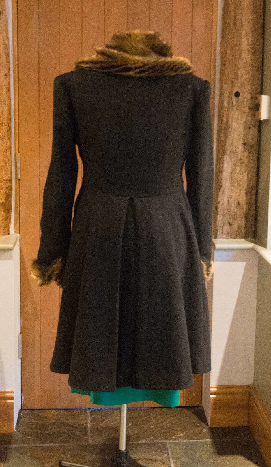 wool flared coat with faux fur collar