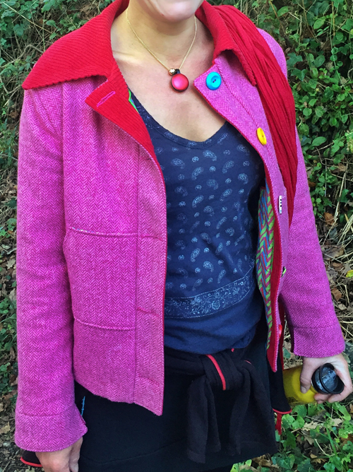 Pink Wool tweed jacket with red jumbo cord facings and collar