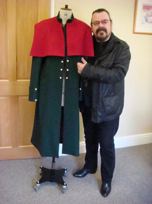 Roy Wood stage coat in bottle green and wine red wool crepe