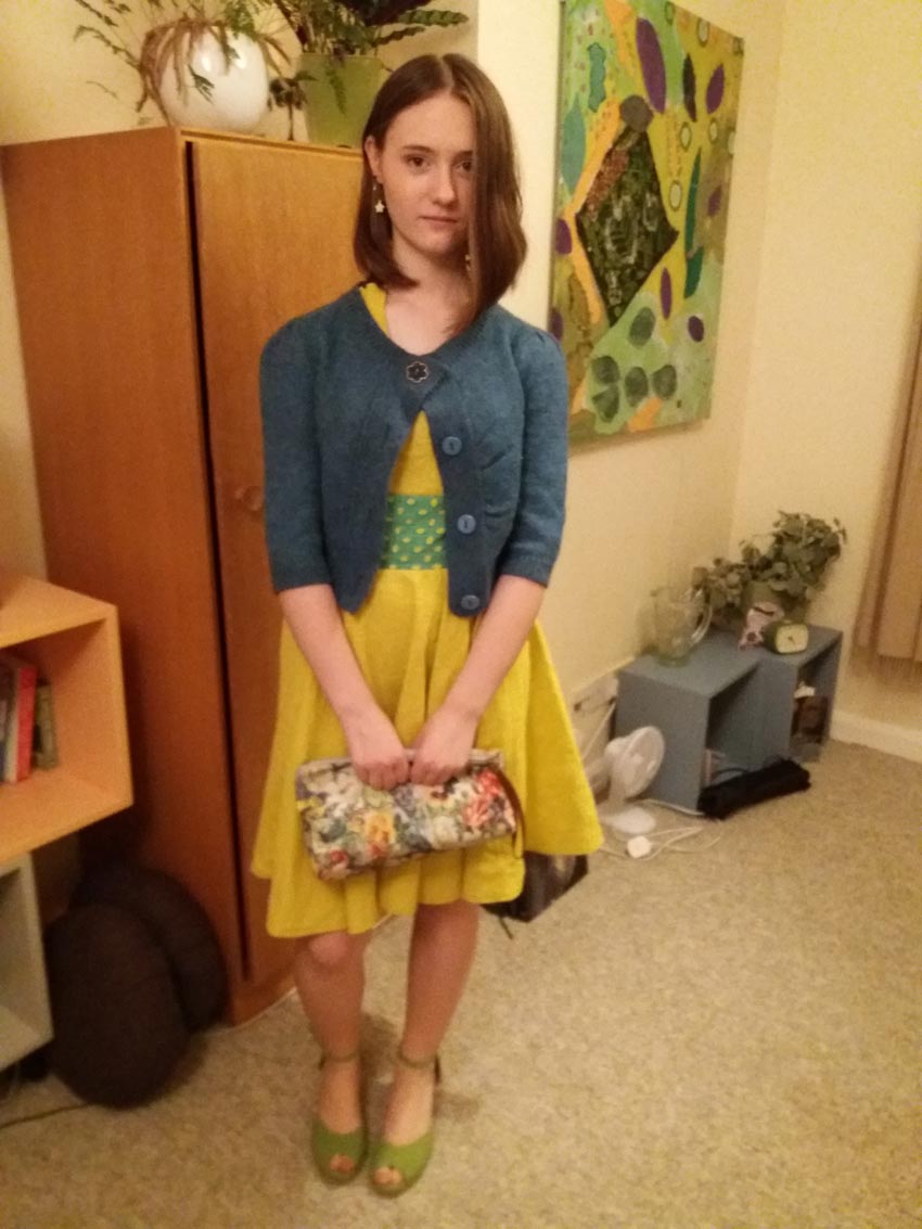 mustard yellow linen self drafted dress with circular skirt