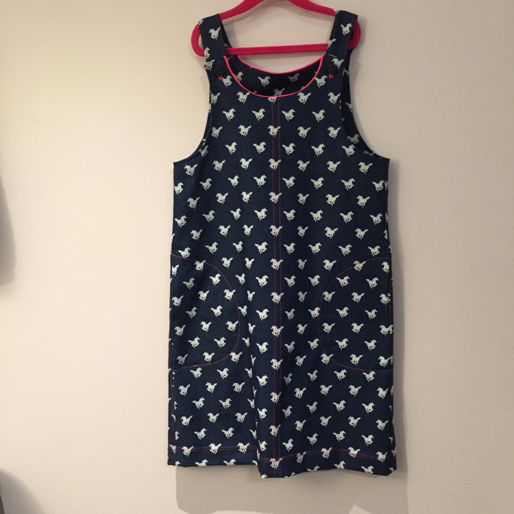 horse print stretch denim pinafore dress