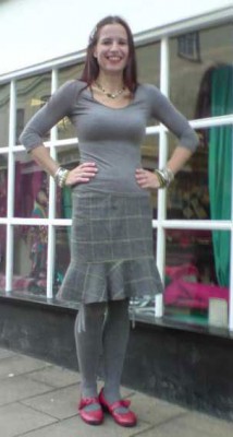 grey check wool tweed pencil skirt with frill