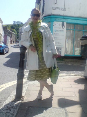 spotty cotton dress and raincoat