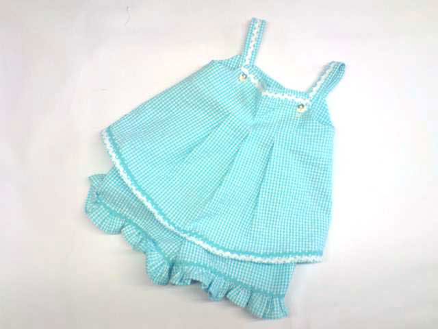 turquoise cotton gingham baby dress and bloomers