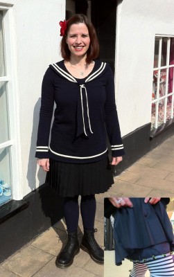 double jersey sailor top and pleated wool and silk skirt