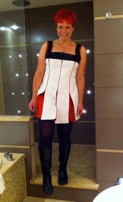 white grosgrain zippy panelled dress with sequinned yoke and red sateen inserts