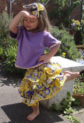 yellow printed cotton lawn rara skirt and purple t-shirt