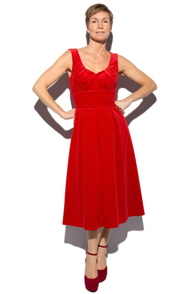 red cotton velvet flared dress