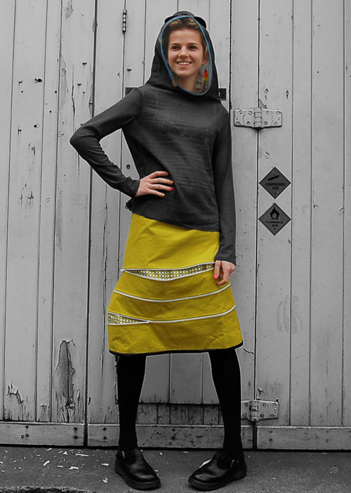 cotton drill zippy twister skirt and wool gauze jersey hoody with ears