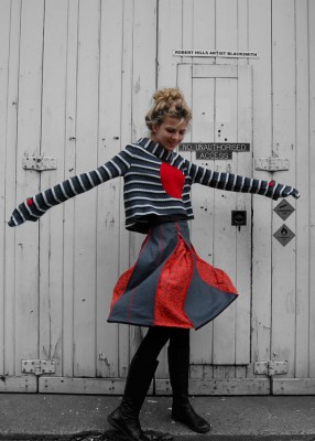 wool and angora monster glove jumper and panelled wool zippy skirt