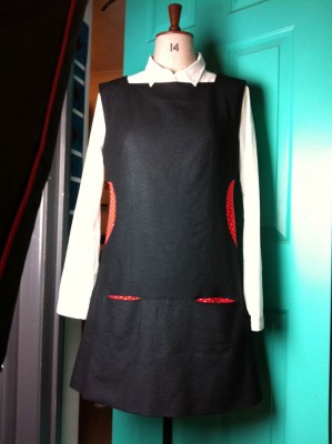 silk and wool tweed pinafore dress with circle inserts