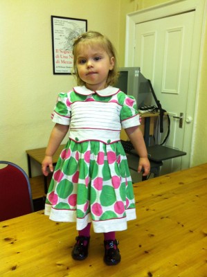 spotty cotton dress with piping and pleat detailing