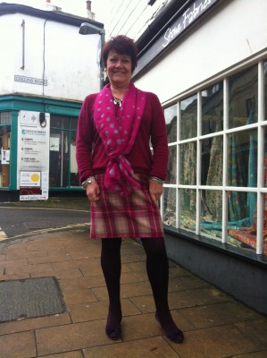 magenta and camel check wool worsted skirt