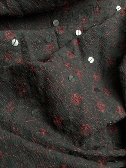 Black 100% Silk crinkle Chiffon with red spot and abstract squiggle embroidery and matt black sequins