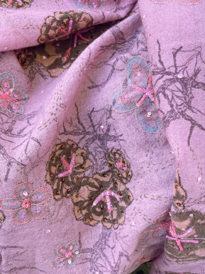 clover pink sequin embroidered lightweight gauzey wool challis