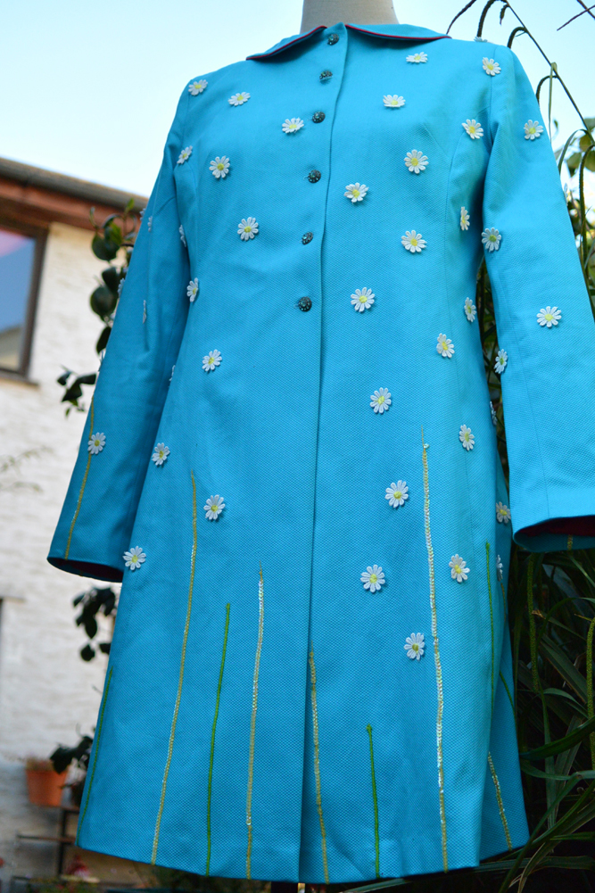 daisies and sequined grass embellished cotton piqué coat