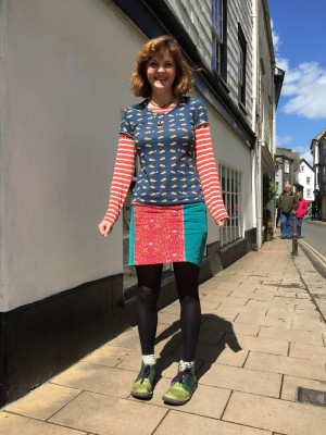 lion print cotton t-shirt and panelled cord skirt