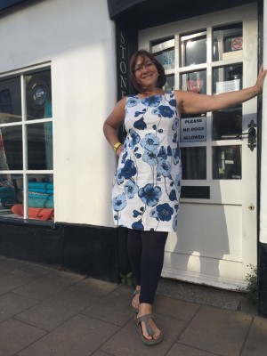 blue floral print stretch cotton shift dress