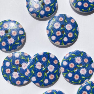 Blue and pink ditsy floral print Wood 2 hole button