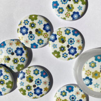 Blue and Green stylised ditsy daisy print Wood 2 hole button