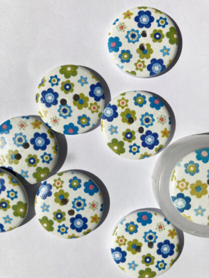 Blue and Green stylised ditsy daisy print Wood 2 hole button