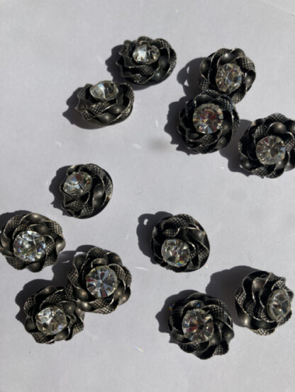 Oxidised Silver Metal and Diamanté rose vintage shank button