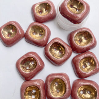 Terracotta Pink and Gold ceramic vintage thumb dent 2 hole button