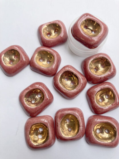 Terracotta Pink and Gold ceramic vintage thumb dent 2 hole button