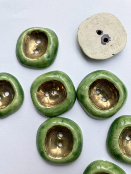 Green and Gold Lustre Ceramic thumb dent vintage buttons