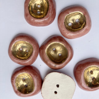 Terracotta Pink and Gold ceramic vintage thumb dent 2 hole button