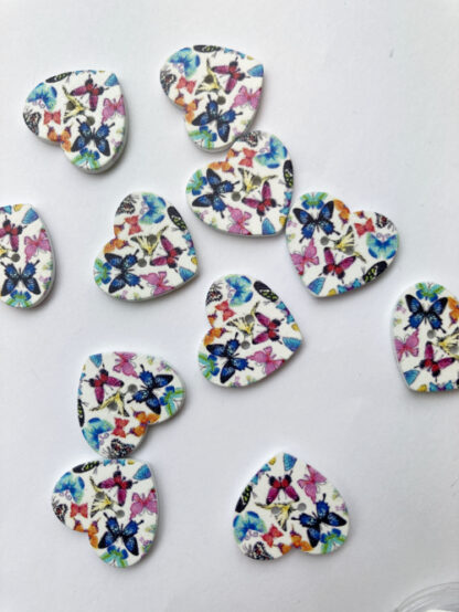 Multicolour butterfly print heart shape Wood 2 hole button