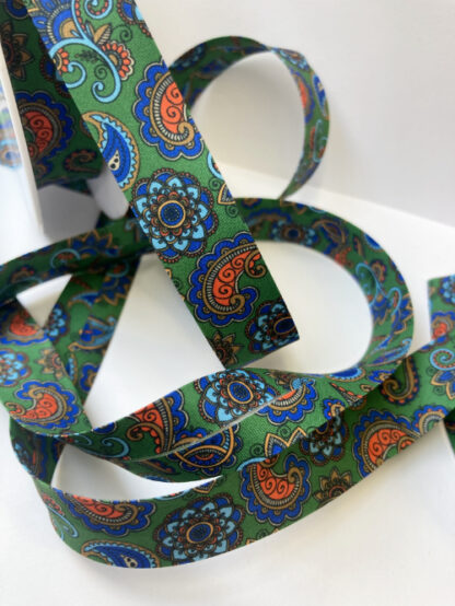 Emerald Green, Royal Blue and Multicolour paisley print 100% Polyester Bias Binding