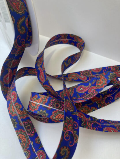 Royal Blue, Red and Multicolour paisley print 100% Polyester Bias Binding