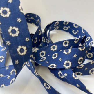 French Navy Blue and White retro forget-me-not floral print 100% Cotton Bias Binding