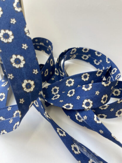 French Navy Blue and White retro forget-me-not floral print 100% Cotton Bias Binding