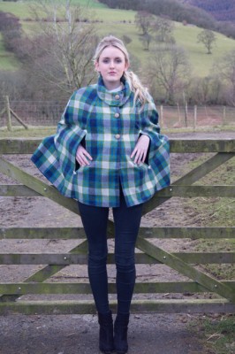 blue and green big check shetland wool tweed cape