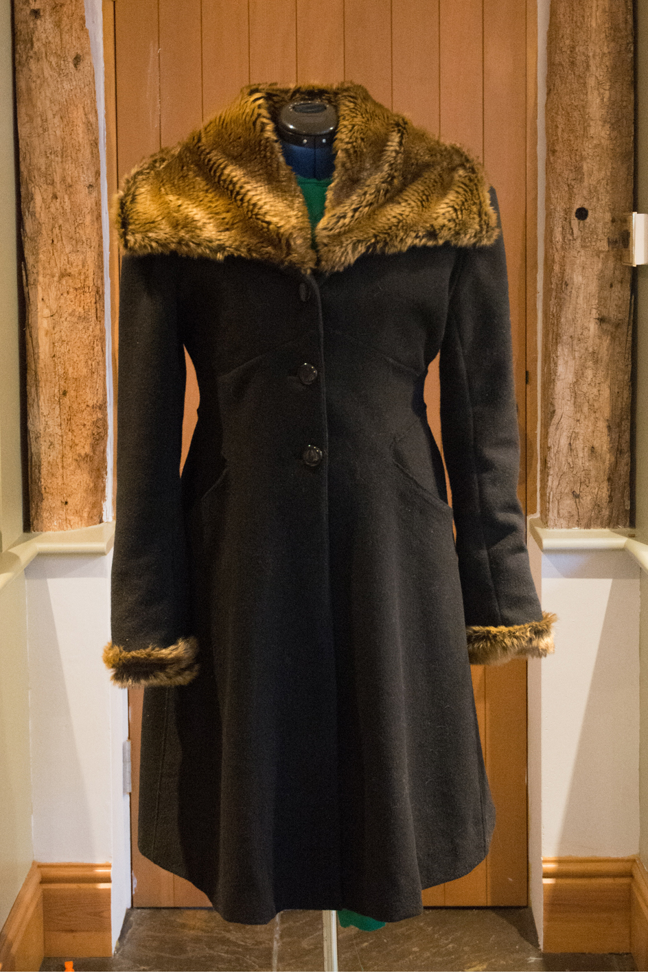 wool flared coat with faux fur collar