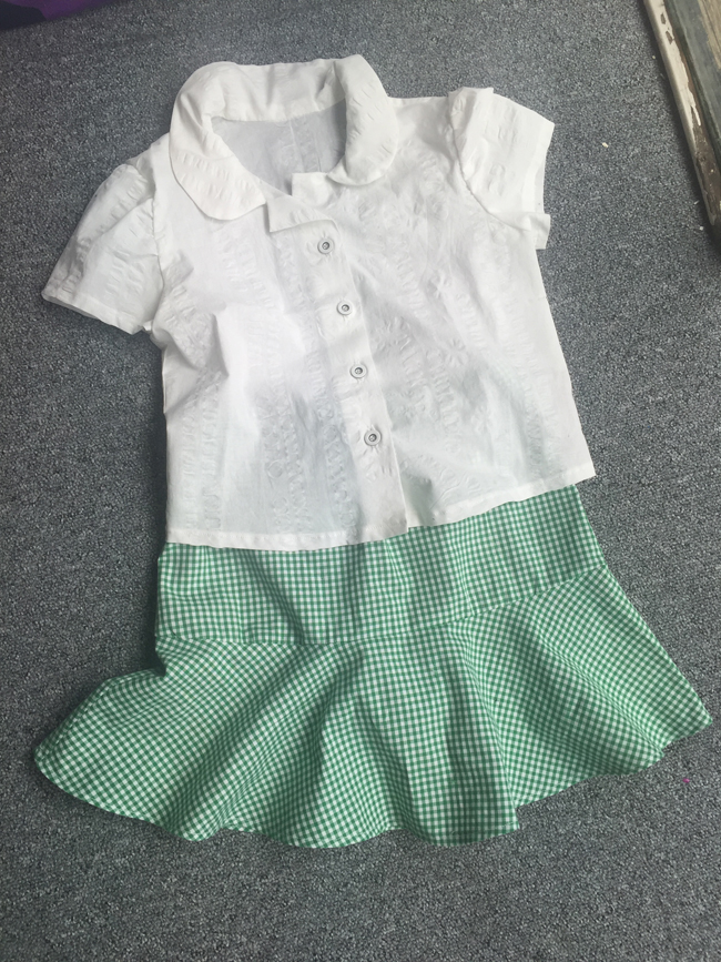 white cotton school shirt and green gingham school skater skirt