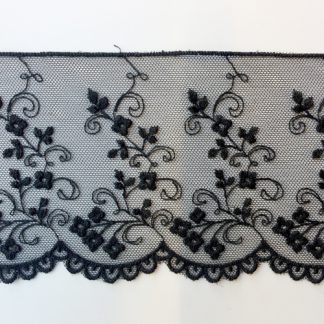 Black spriggy floral scalloped edge 80mm wide lace