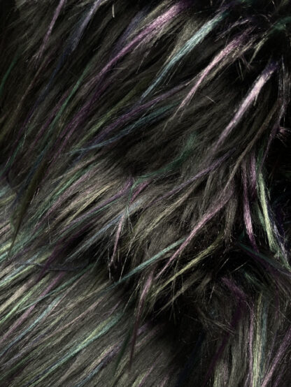 Black with green and Purple tipped long pile faux Fur. 70% Modacrylic 30% Polyester