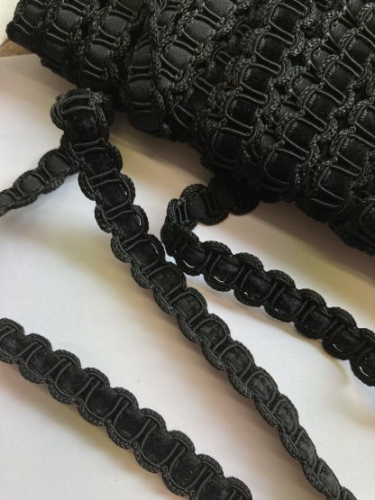 Black gimp Braid with velvet ribbon Braid. 50% Polyester 40% Viscose 10% Cotton