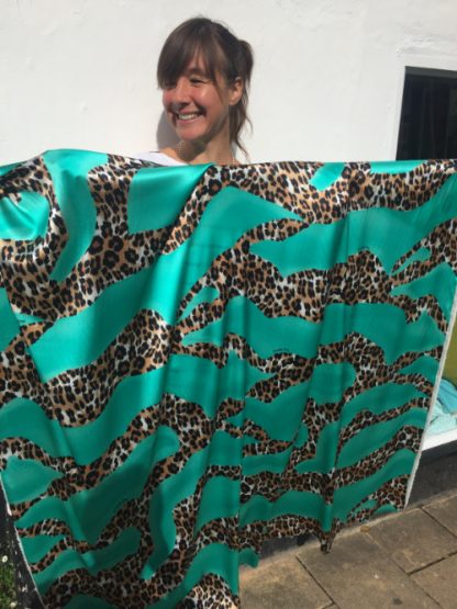 jade and brown leopard print stretch silk satin back crepe