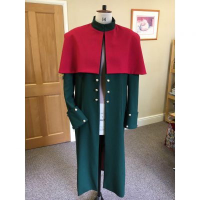 Roy Wood stage coat in bottle green and wine red wool crepe