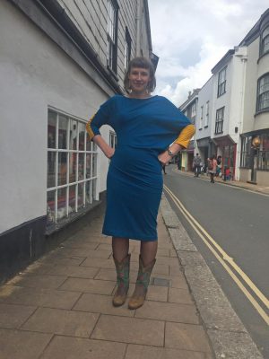 Bright Blue and Yellow Asymmetric Ponte Jersey Dress