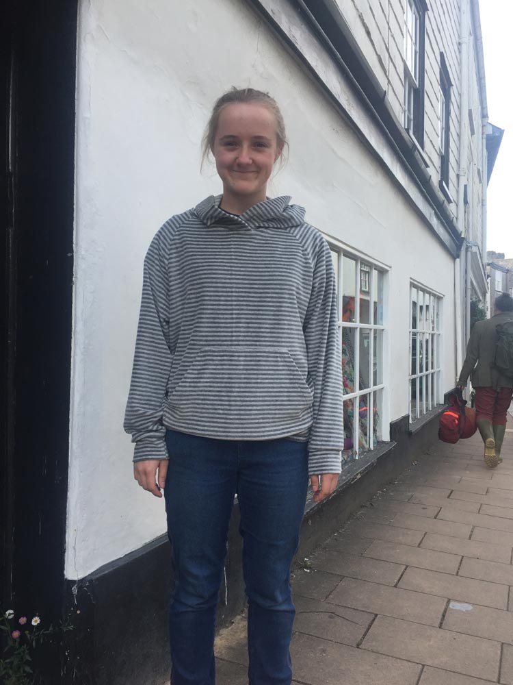 Grey stripe velour hooded sweatshirt made by Pearl at the Steiner School