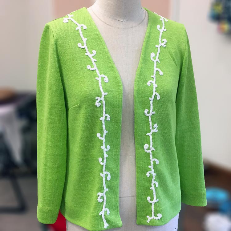 green linen jersey with scroll sequin trim