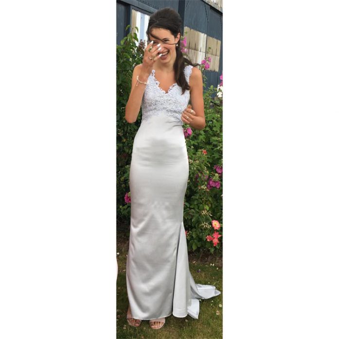 Silver Satin Prom Dress with Guipure Lace silver satin prom dress with guipure lace