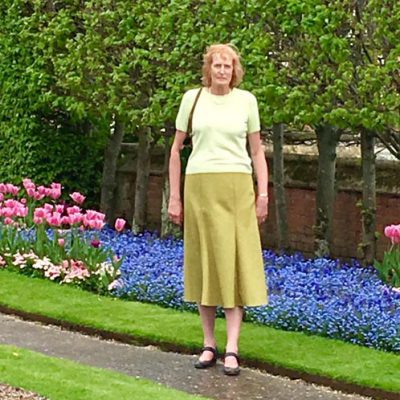 chartreuse green panelled skirt made up in shetland style tweed and lined in venezia