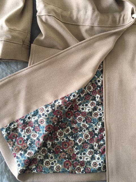 worsted wool trench coat showing floral cotton lawn lining using ready to sew Jack pattern