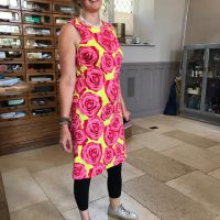 Acid Yellow and Hot Pink Rose Print Shift Dress hot pink and acid yellow rose print stretch cotton sateen shift dress made from Wendy Ward's book The Beginner's Guide to Dressmaking